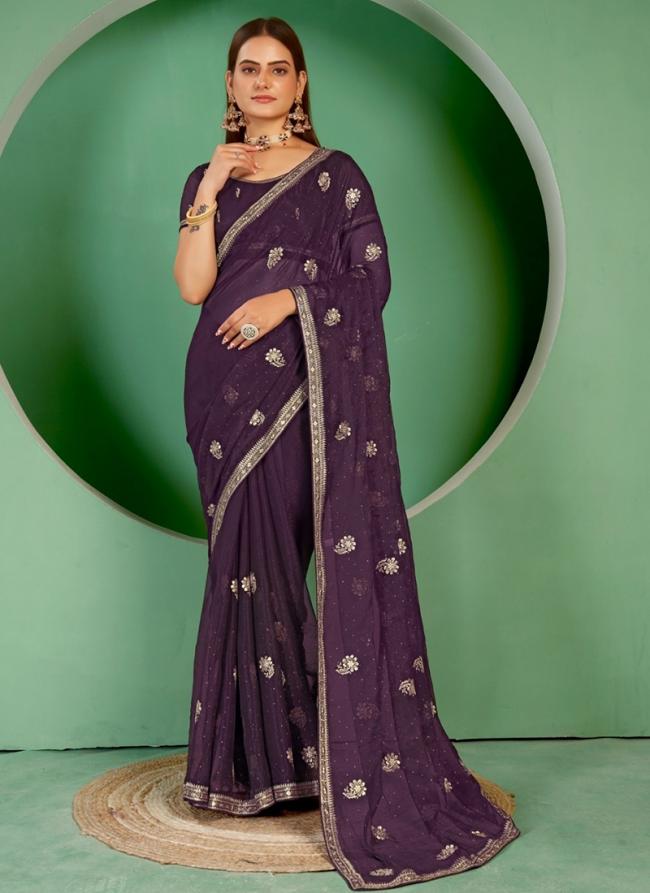 Shimmer Purple Wedding Wear Swarosvki Work Saree